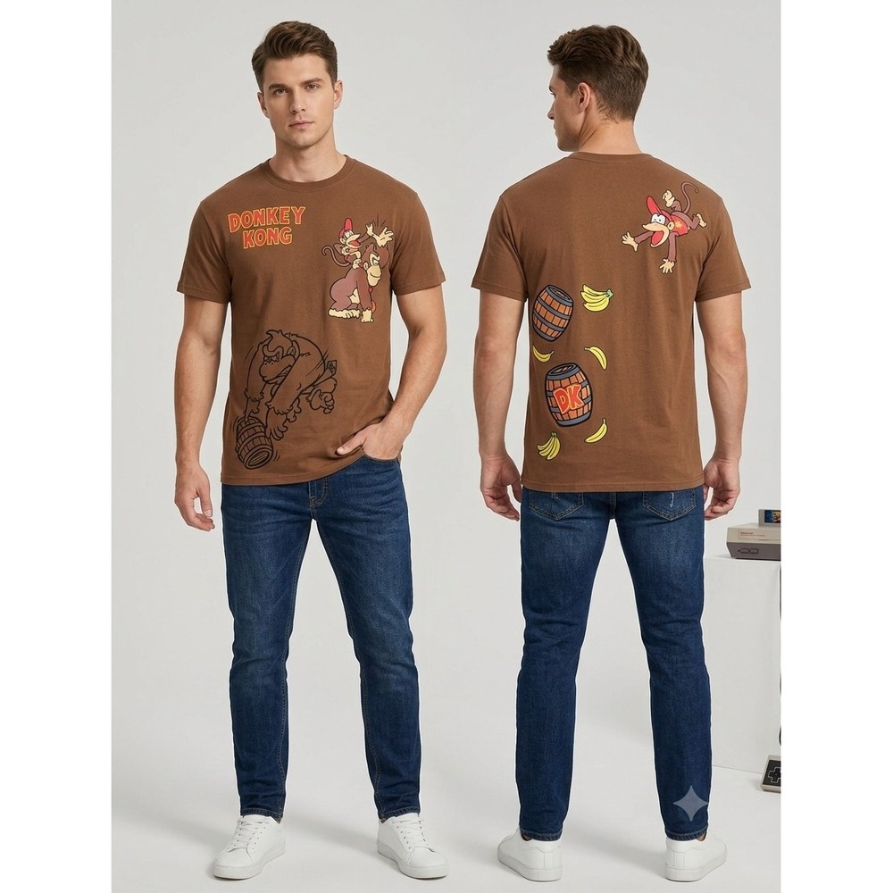 Nintendo Donkey Kong Graphic T-Shirt Brown Front & Back Print Men's Small EUC
